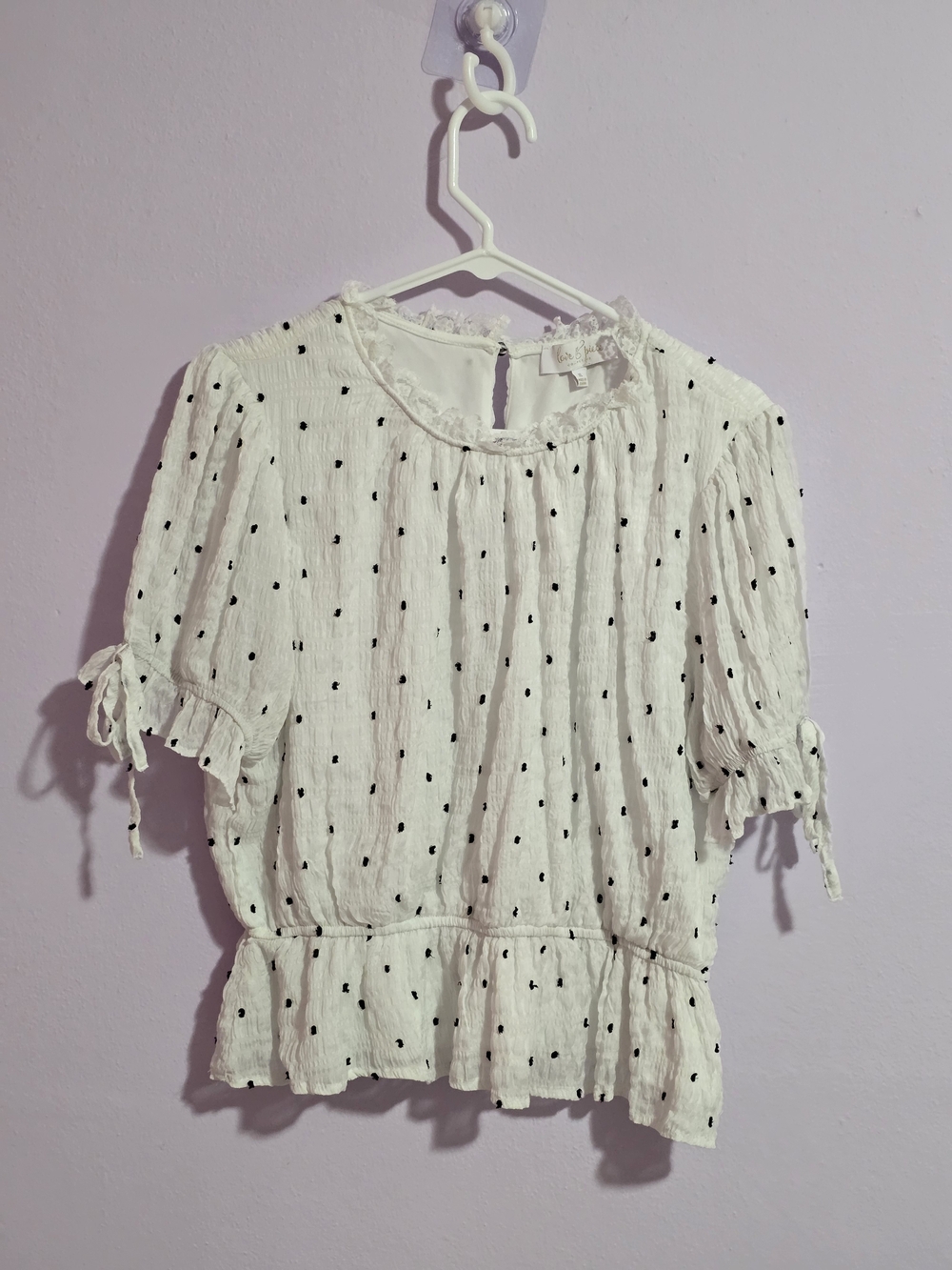 Love White Blouse with Black Dot Print and Peplum Hem